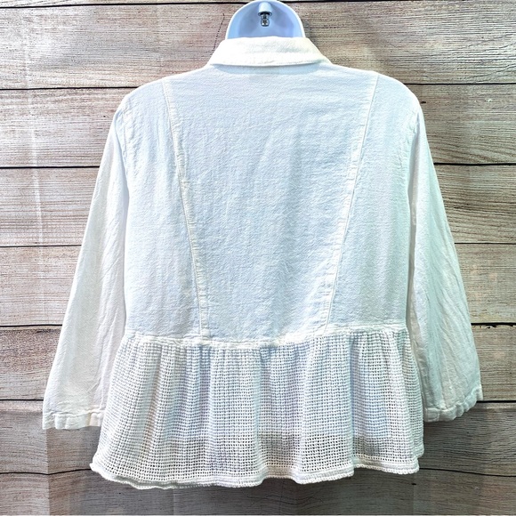 CMC Color Me Cotton Womens Top Peplum Crochet Knit Button Down SS Collar Sz S - Picture 2 of 8